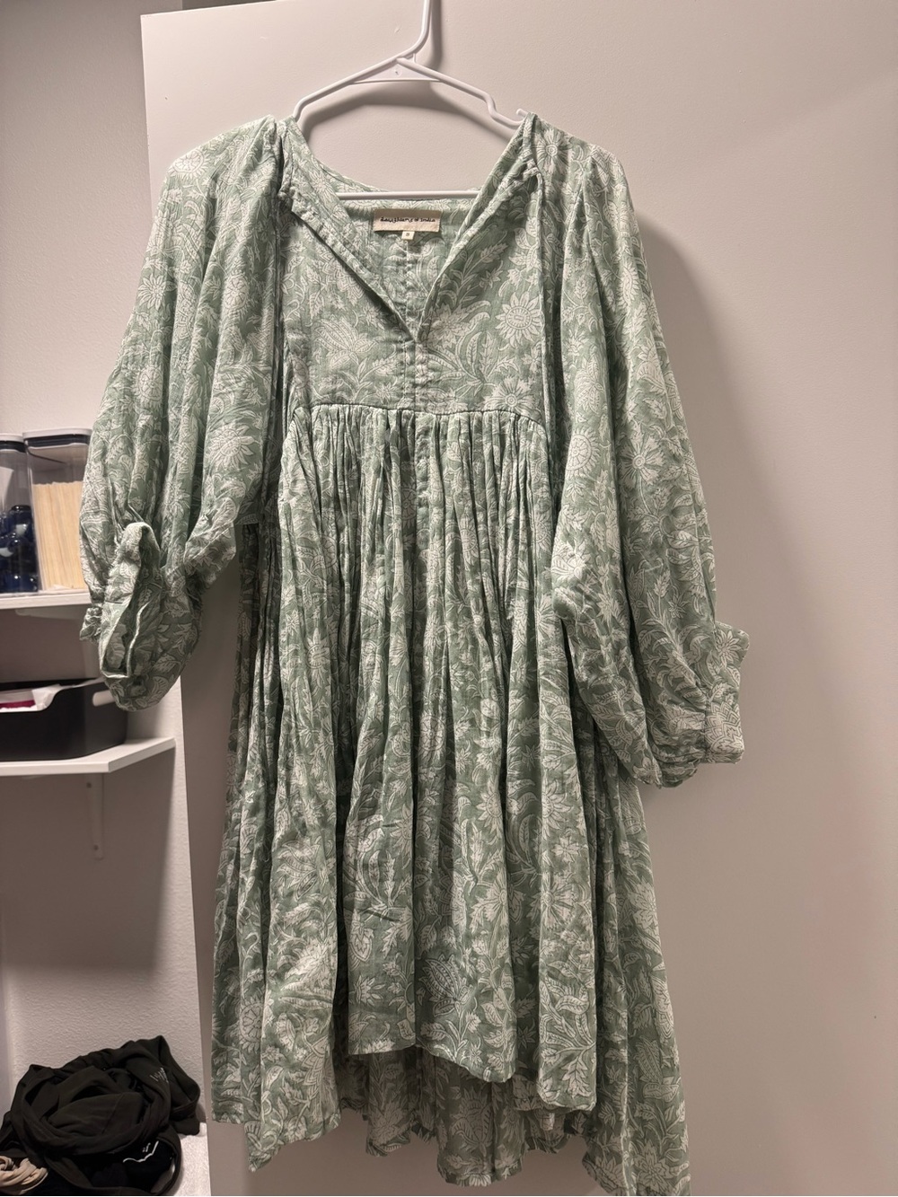Daughters of India Sage Green Long Sleeve Boho Dress